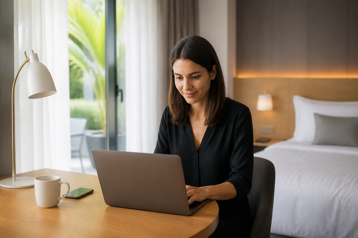 Professional business owner reviewing online visibility and enquiry opportunities for hotels & hospitality businesses