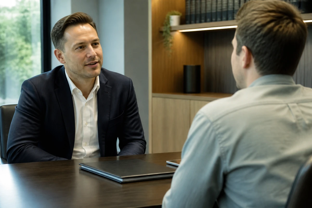 Law firm owner speaking with a consultant about client enquiries