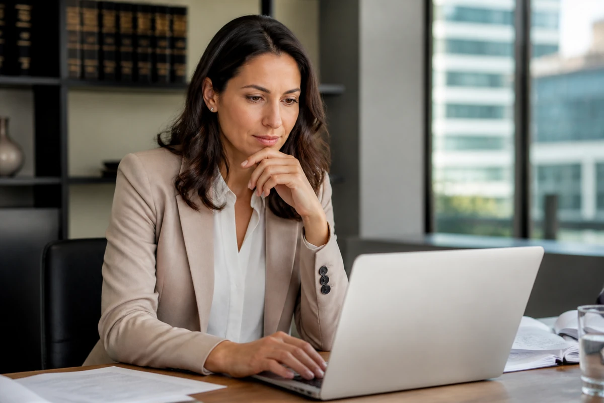 Professional business owner reviewing online visibility and enquiry opportunities for law firms businesses