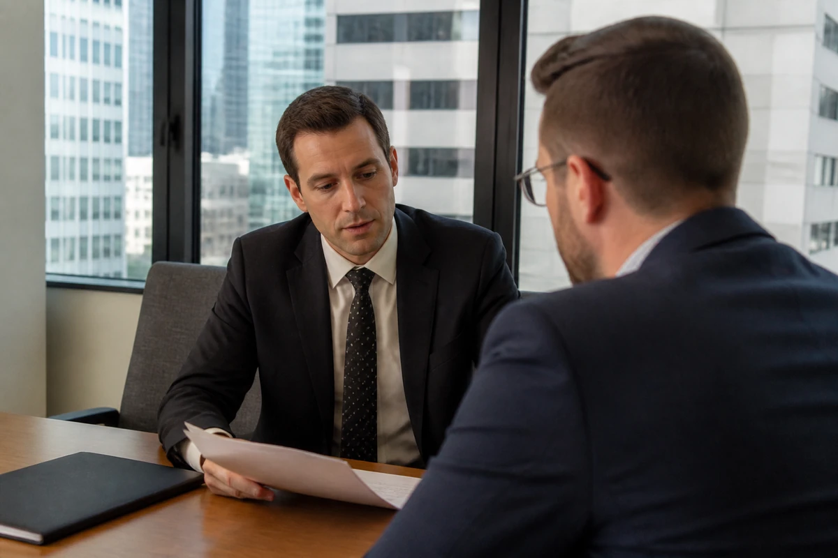Solicitor reviewing service page notes with a consultant in a law office meeting room