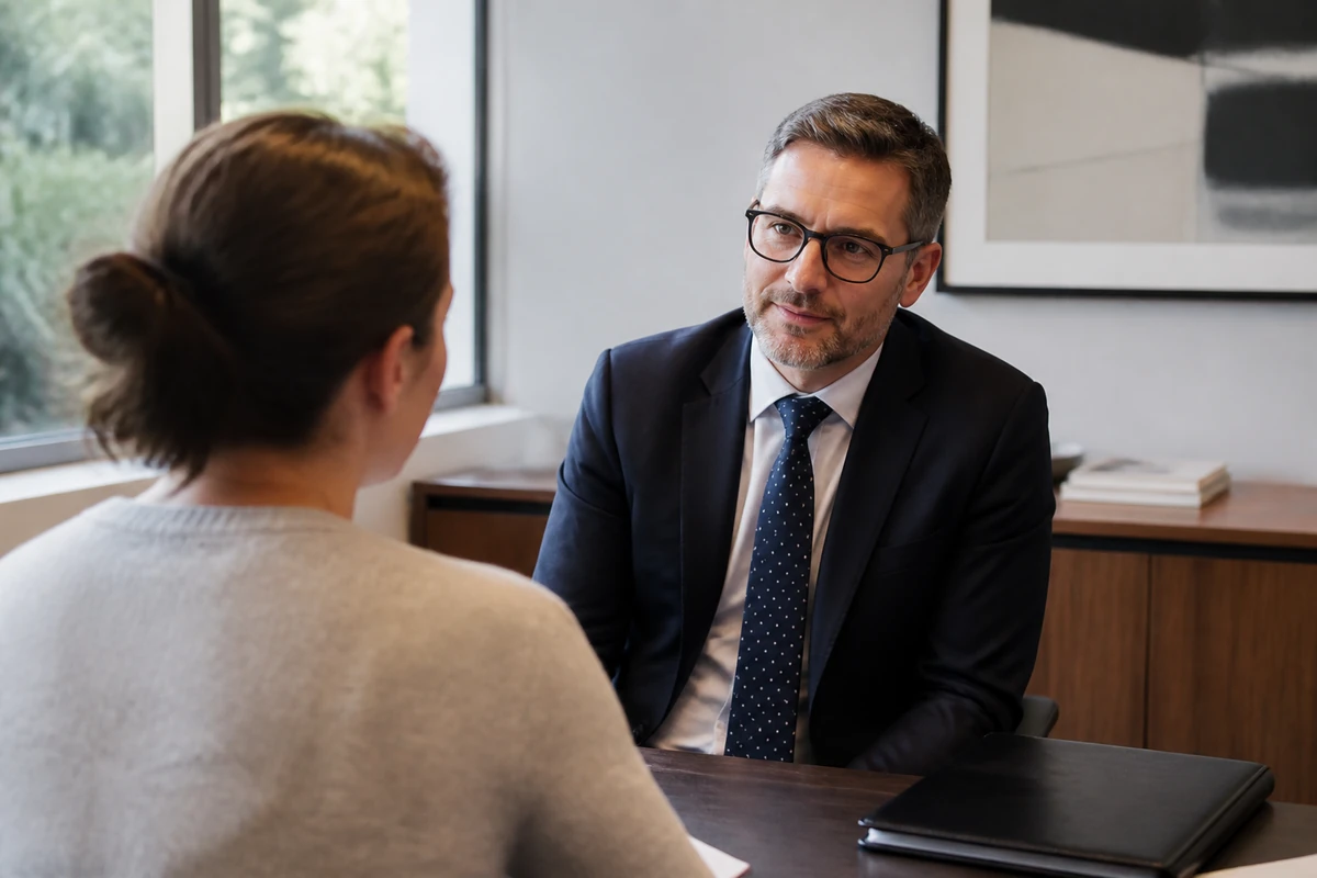 Solicitor listening to a client across a consultation table