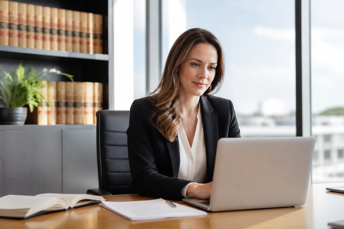 Professional business owner reviewing online visibility and enquiry opportunities for law firms businesses