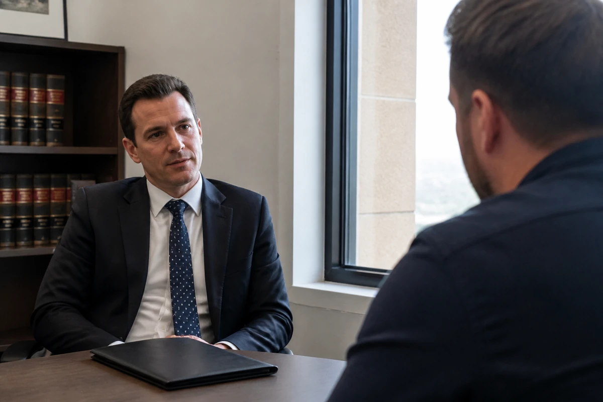 Solicitor speaking with a new client in a professional law firm consultation room