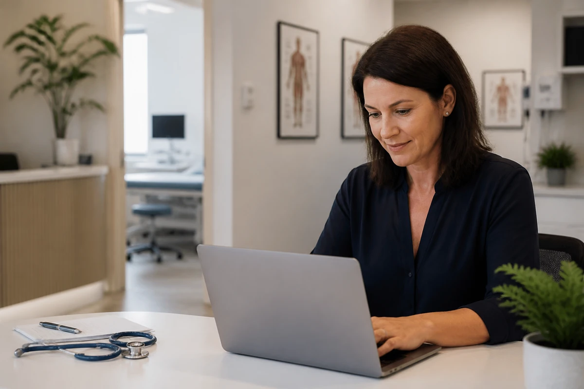 Professional business owner reviewing online visibility and enquiry opportunities for healthcare businesses
