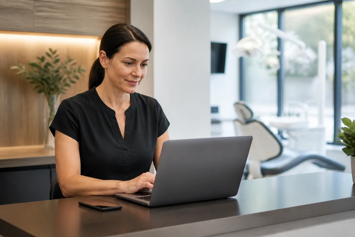Professional business owner reviewing online visibility and enquiry opportunities for dental businesses