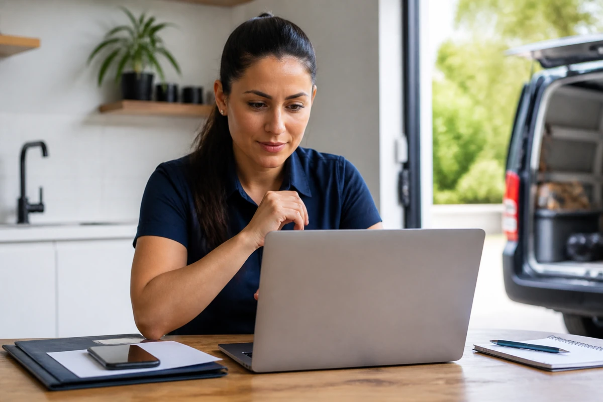 Professional business owner reviewing online visibility and enquiry opportunities for plumbing businesses