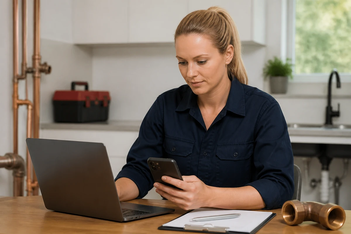 Professional business owner reviewing online visibility and enquiry opportunities for plumbing businesses