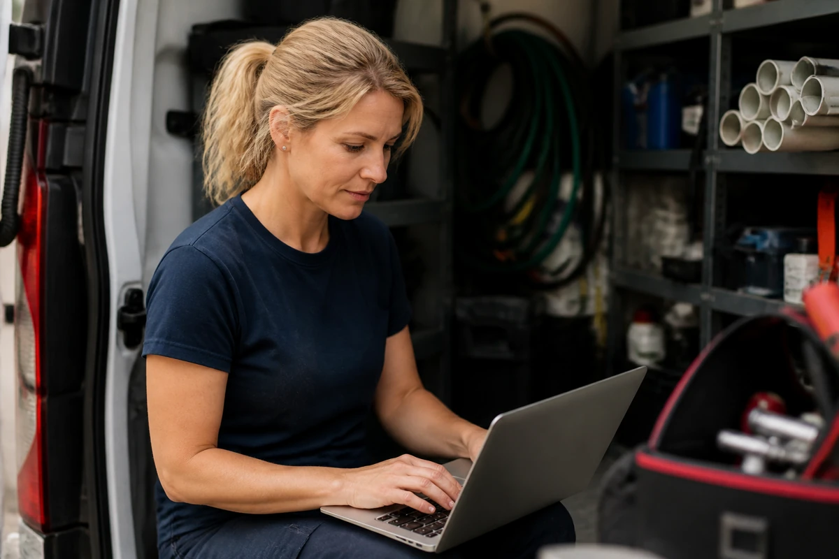 Professional business owner reviewing online visibility and enquiry opportunities for plumbing businesses