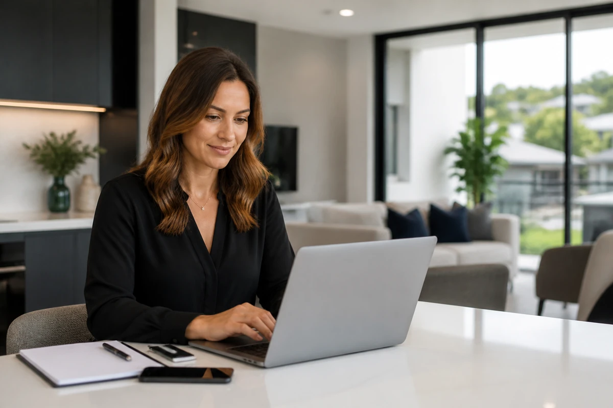 Professional business owner reviewing online visibility and enquiry opportunities for real estate businesses