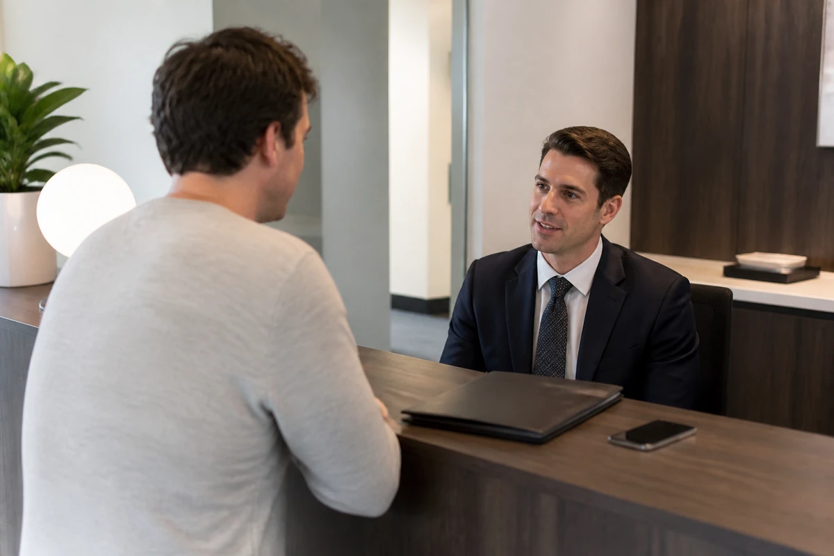 Solicitor greeting a client at a law firm reception desk