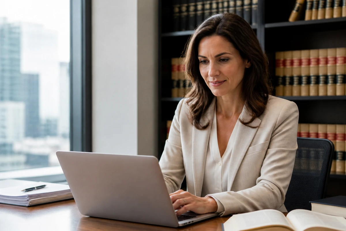Professional business owner reviewing online visibility and enquiry opportunities for law firms businesses
