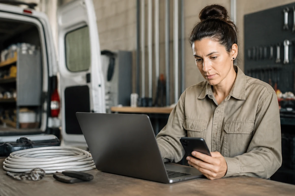 Professional business owner reviewing online visibility and enquiry opportunities for electricians businesses