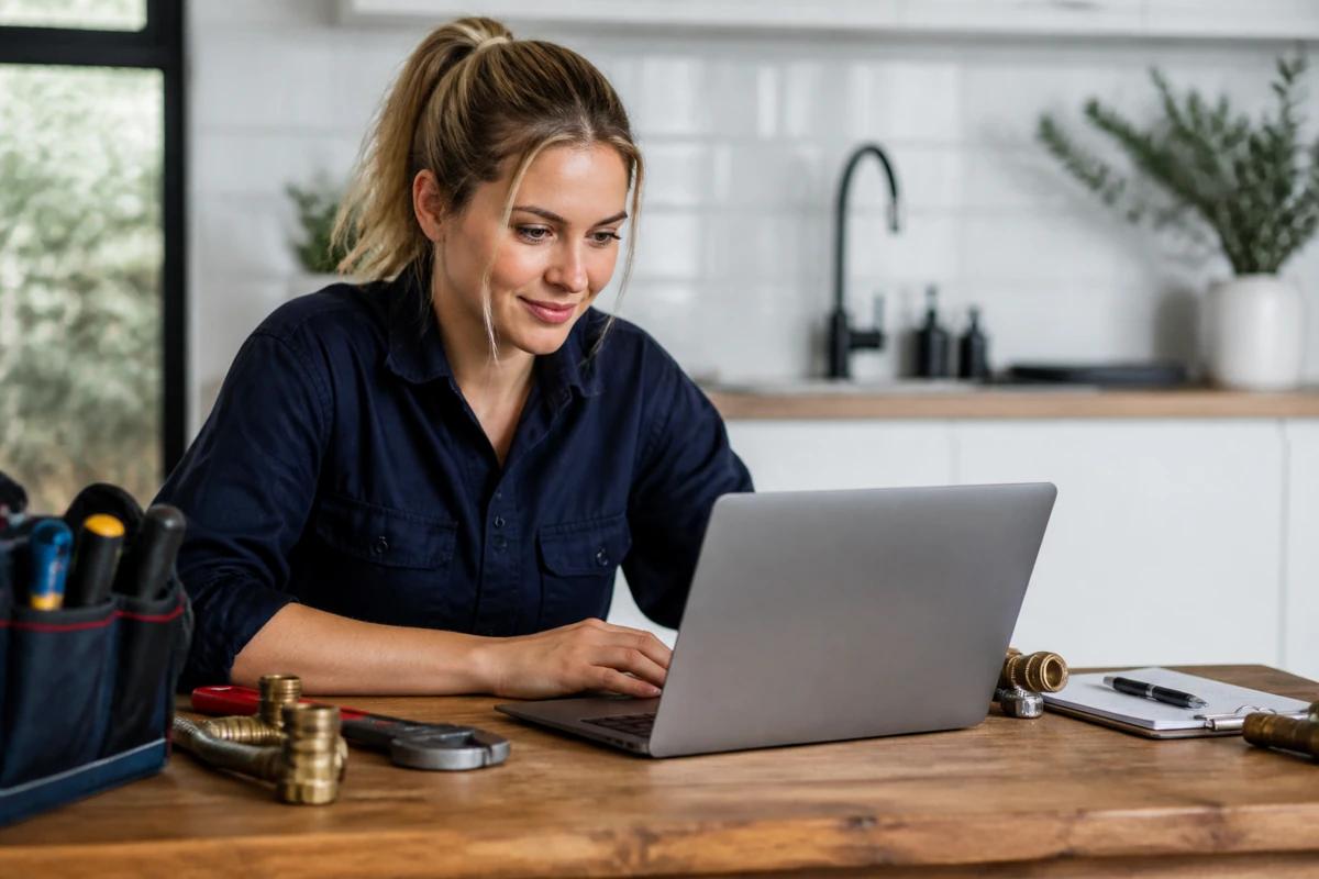 Professional business owner reviewing online visibility and enquiry opportunities for plumbing businesses