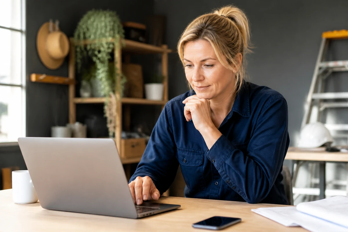 Professional business owner reviewing online visibility and enquiry opportunities for roofing businesses