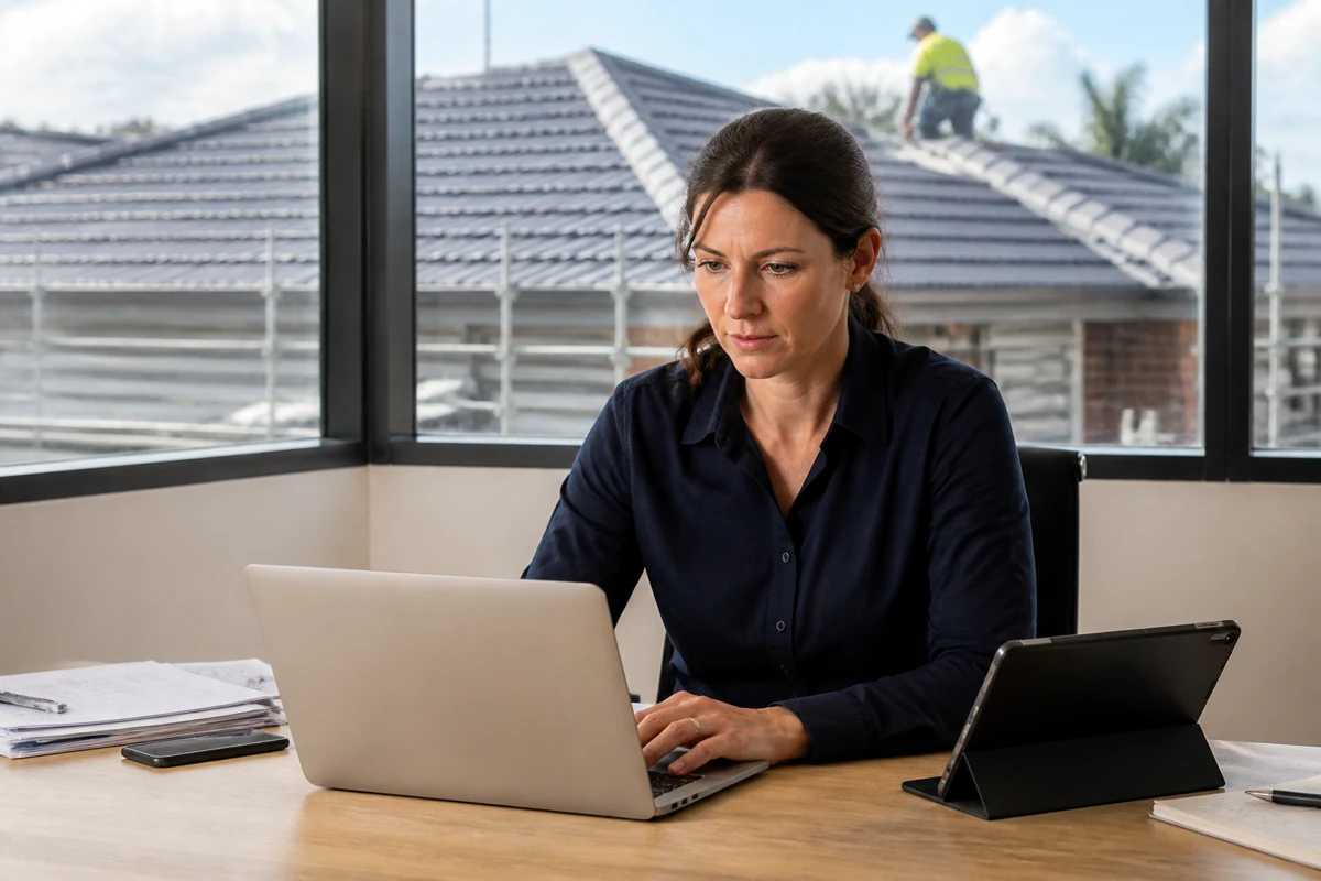 Professional business owner reviewing online visibility and enquiry opportunities for roofing businesses
