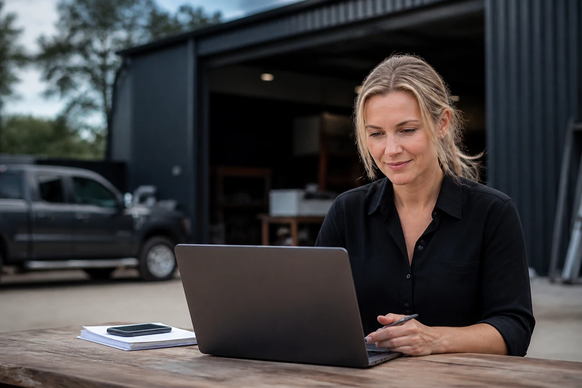 Professional business owner reviewing online visibility and enquiry opportunities for roofing businesses