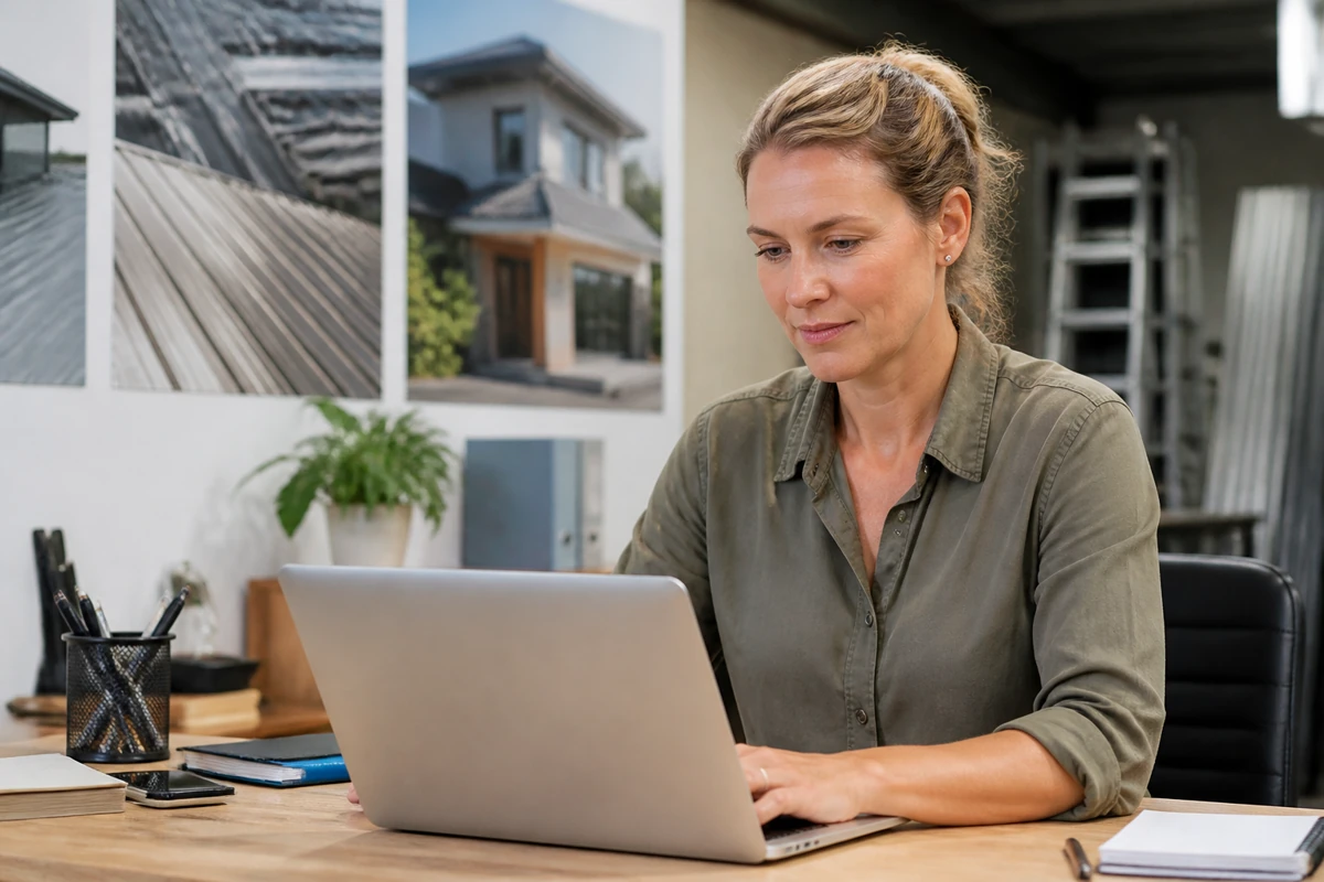 Professional business owner reviewing online visibility and enquiry opportunities for roofing businesses