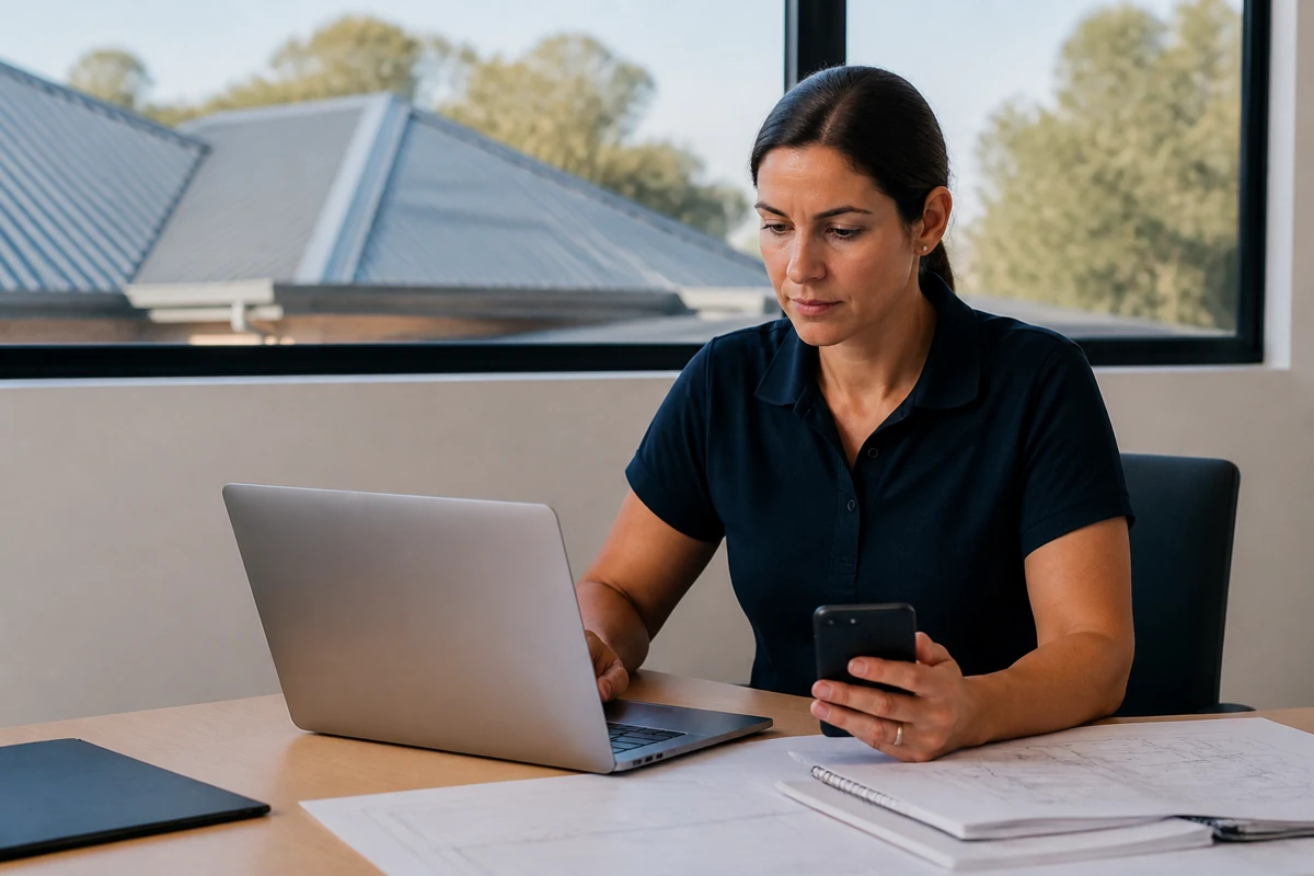 Professional business owner reviewing online visibility and enquiry opportunities for roofing businesses