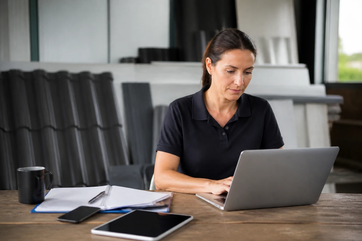 Professional business owner reviewing online visibility and enquiry opportunities for roofing businesses
