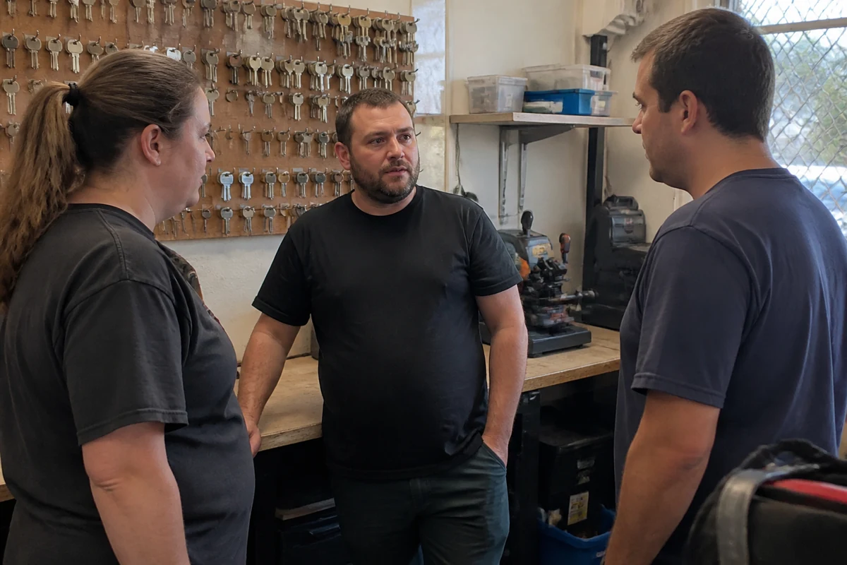 Locksmith team discussing customer enquiries, service pages and local SEO in a workspace