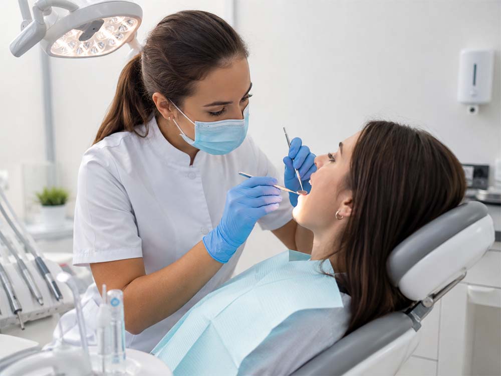 Modern dental clinic check-up with female dentist and patient, representing SEO for dentists, treatment pages and local patient bookings.
