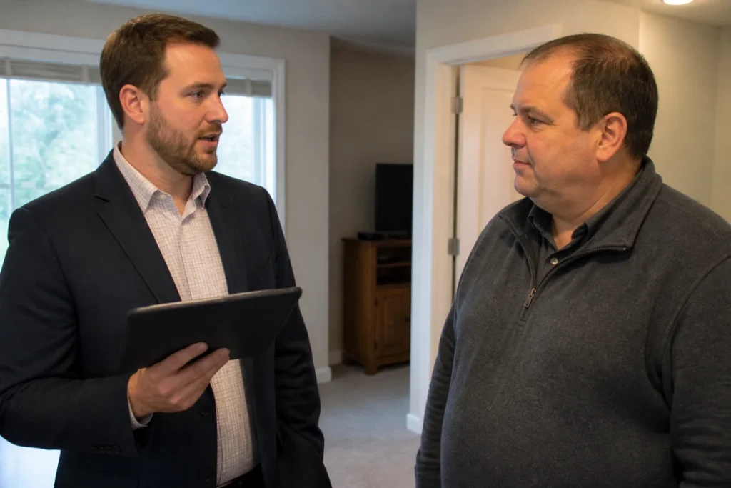 Real estate agent discussing property services, client enquiries and local search visibility with a client