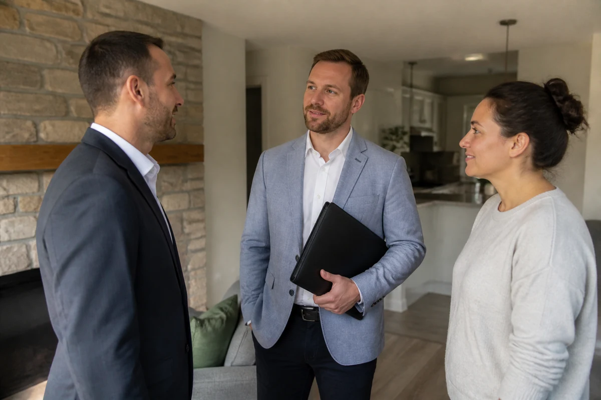 Real estate team discussing appraisal enquiries, service pages and local SEO in an office