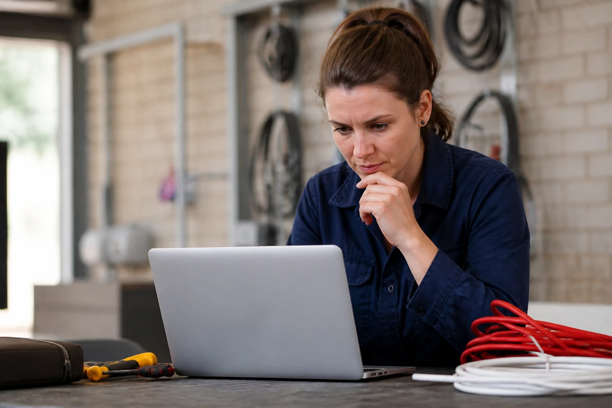 Professional business owner reviewing online visibility and enquiry opportunities for electricians businesses