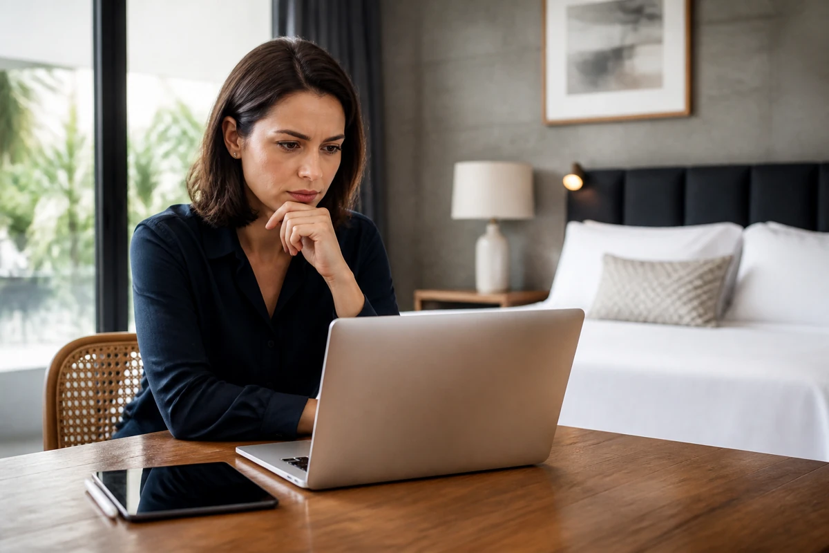 Professional business owner reviewing online visibility and enquiry opportunities for hotels & hospitality businesses