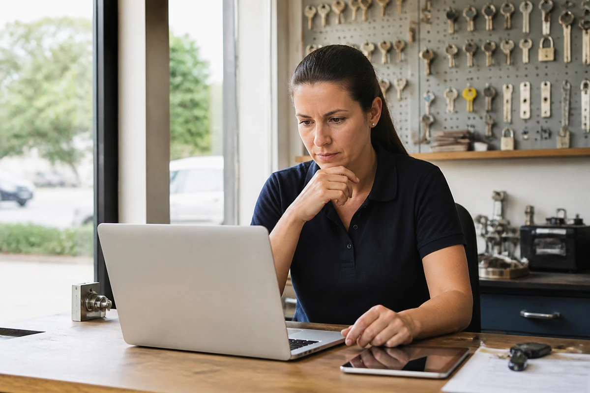 Professional business owner reviewing online visibility and enquiry opportunities for locksmiths businesses