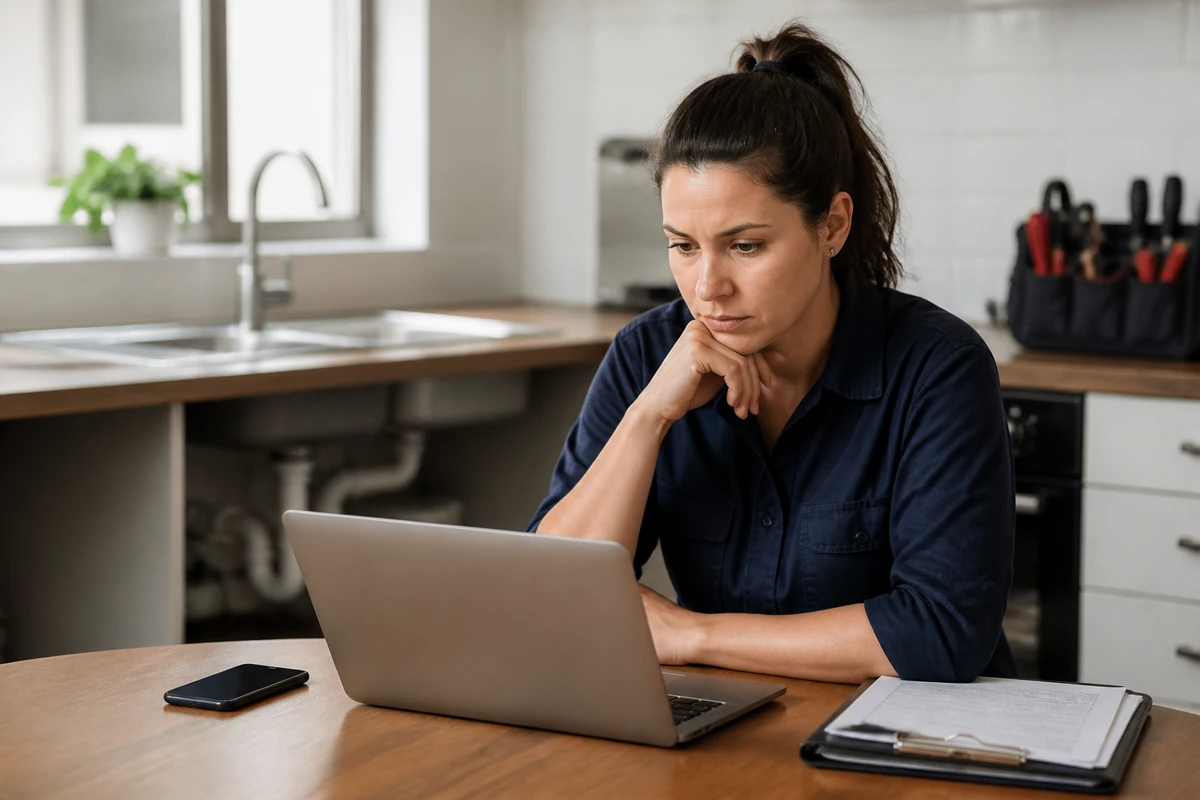 Professional business owner reviewing online visibility and enquiry opportunities for plumbing businesses