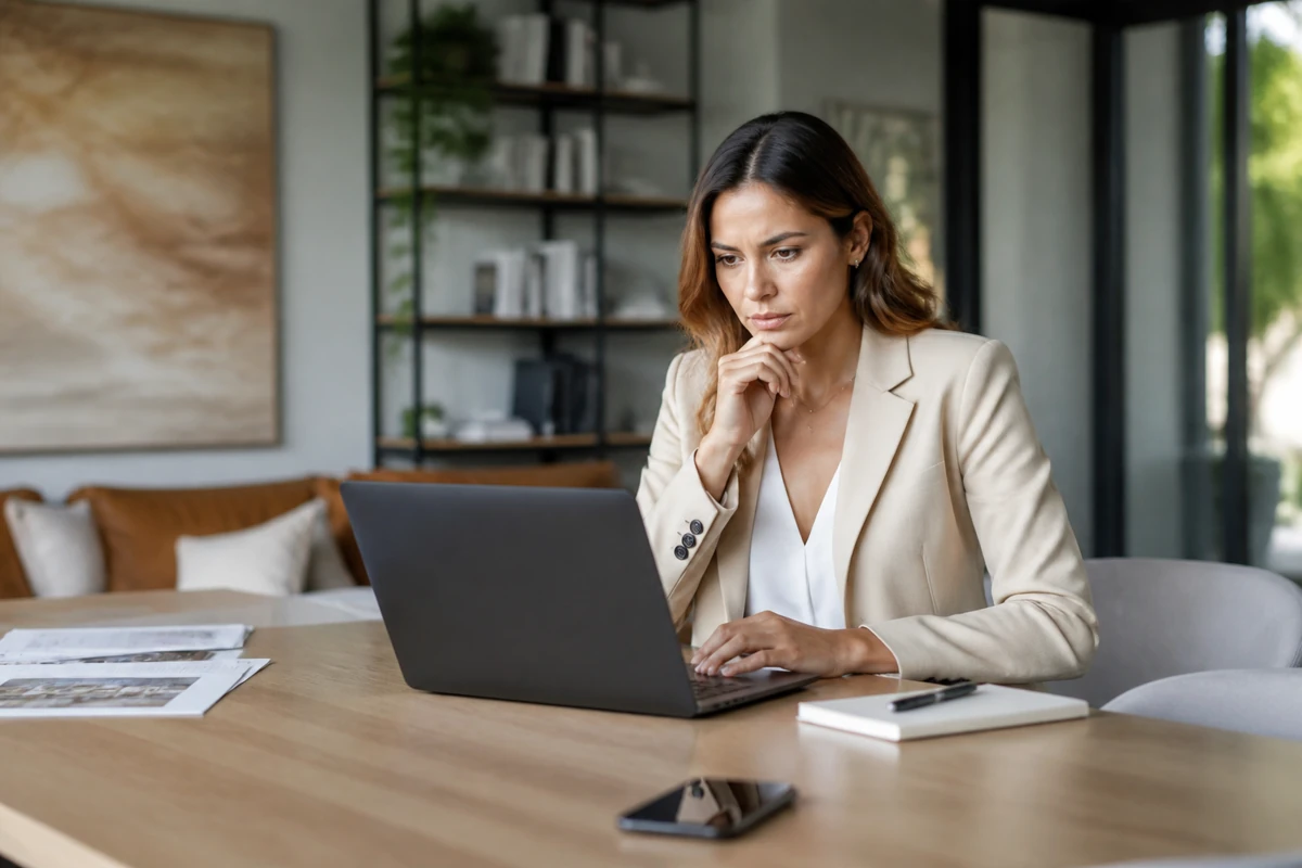 Professional business owner reviewing online visibility and enquiry opportunities for real estate businesses