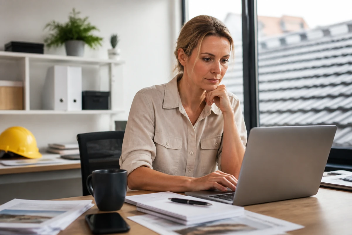 Professional business owner reviewing online visibility and enquiry opportunities for roofing businesses