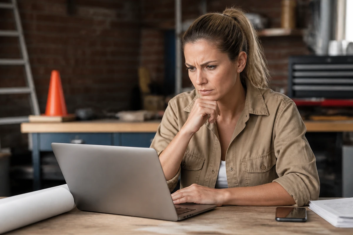 Professional business owner reviewing online visibility and enquiry opportunities for tradies businesses