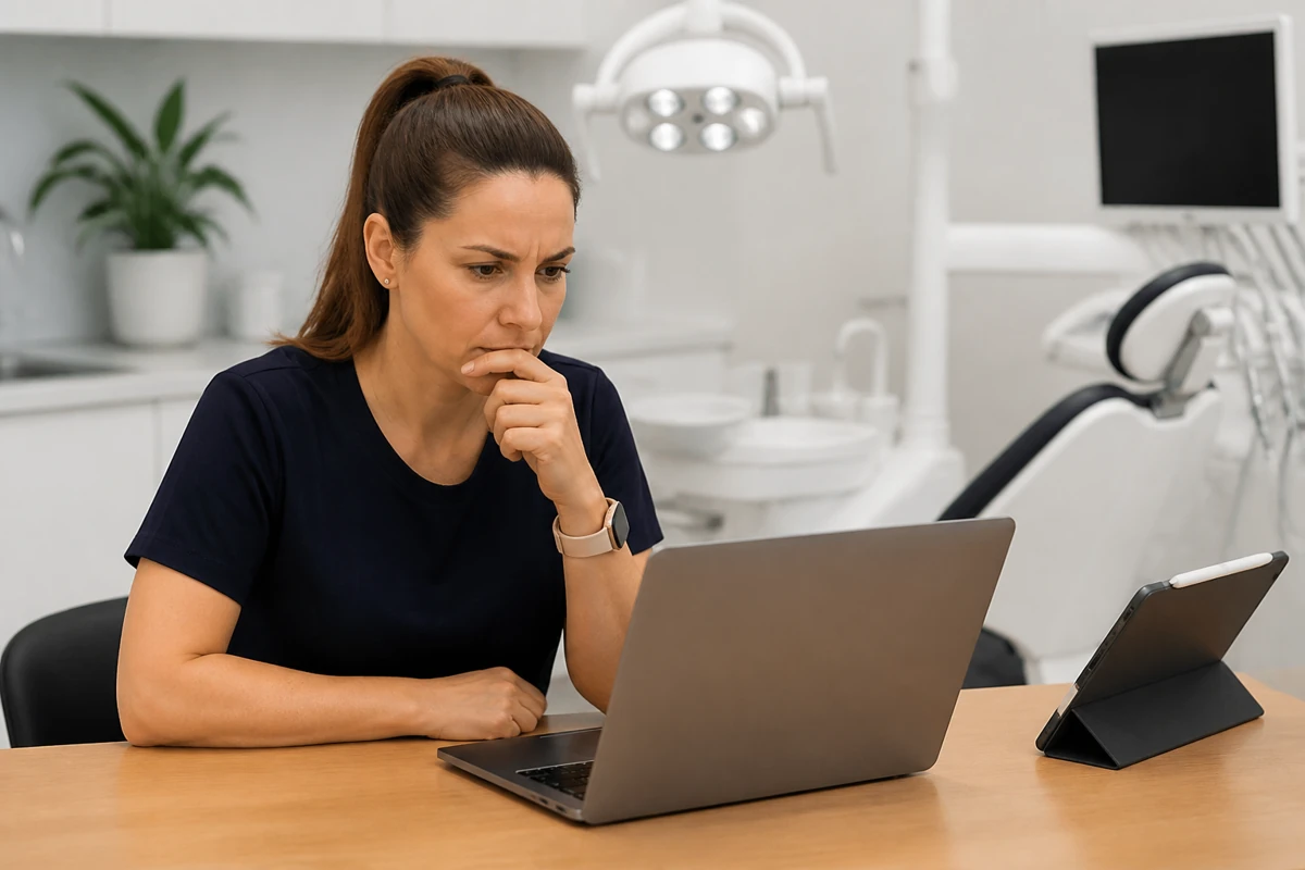 Professional business owner reviewing online visibility and enquiry opportunities for dental businesses