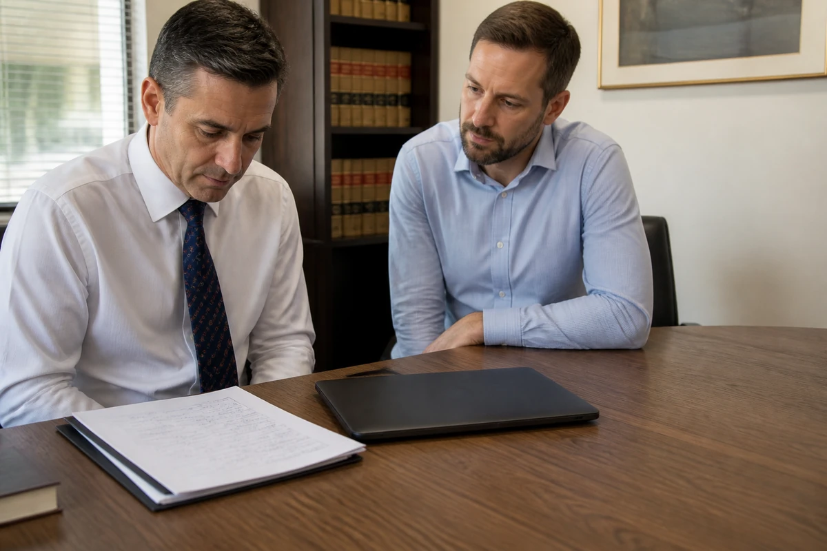 Solicitor and consultant reviewing law firm website notes beside a closed legal folder
