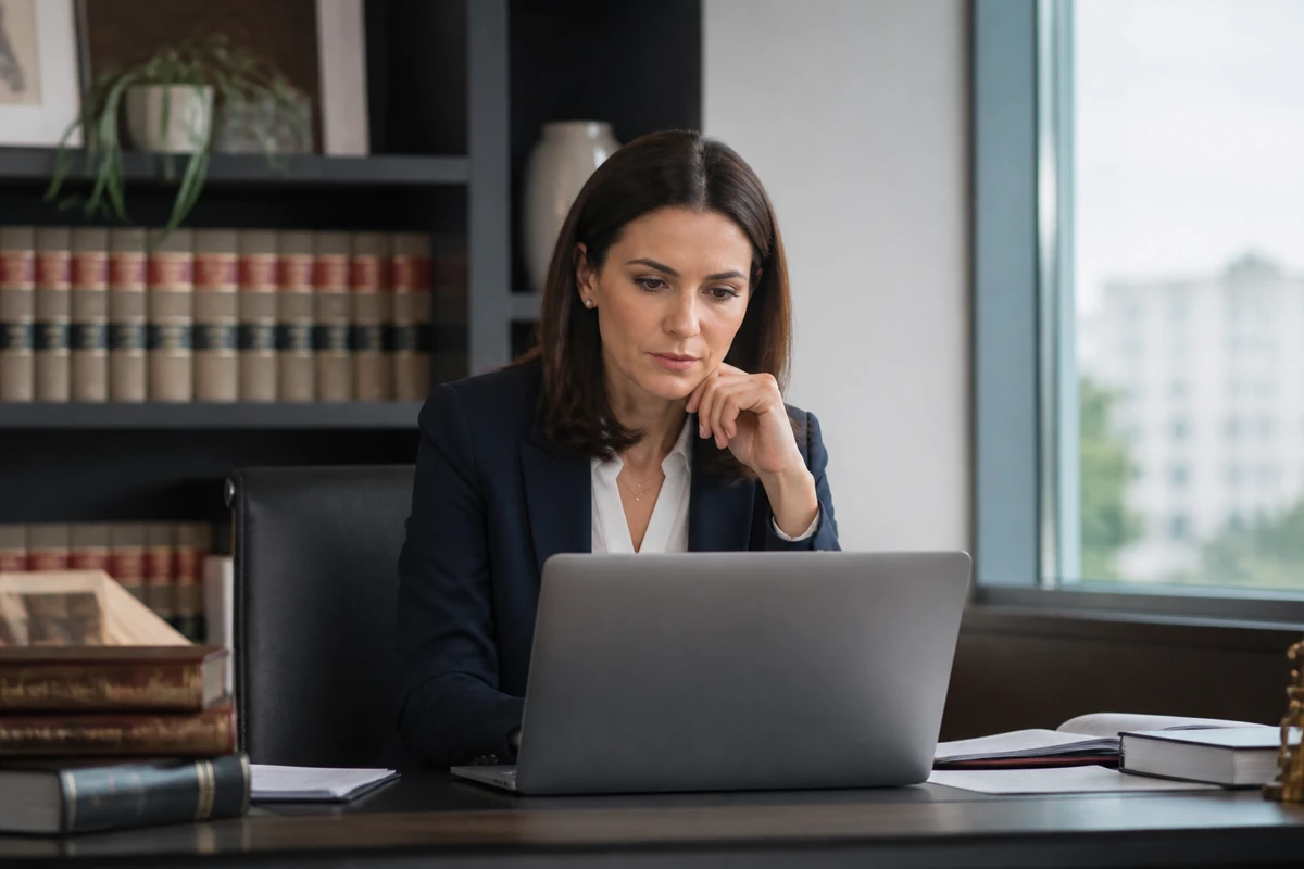 Professional business owner reviewing online visibility and enquiry opportunities for law firms businesses