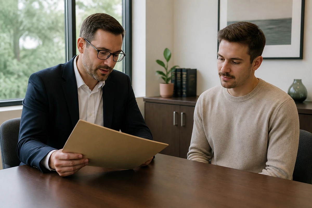 Conveyancing solicitor reviewing a closed property folder with a client