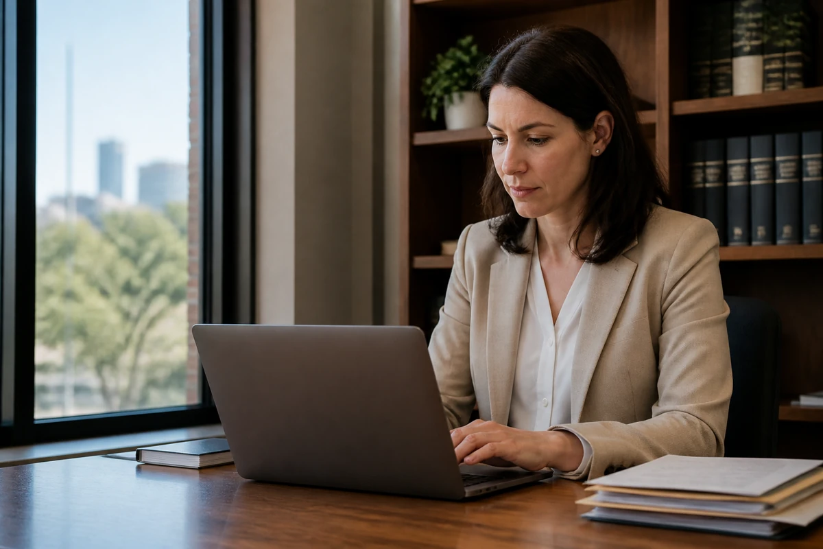 Professional business owner reviewing online visibility and enquiry opportunities for law firms businesses