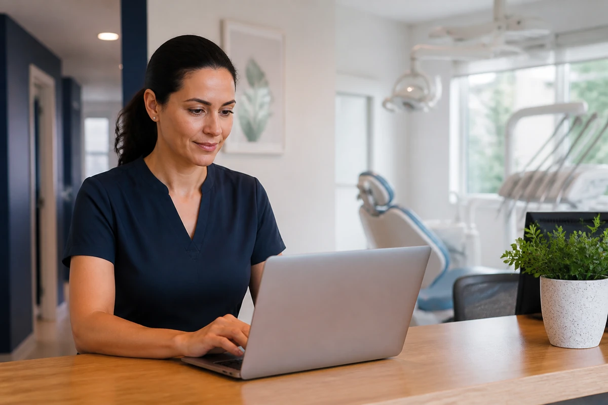 Professional business owner reviewing online visibility and enquiry opportunities for dental businesses