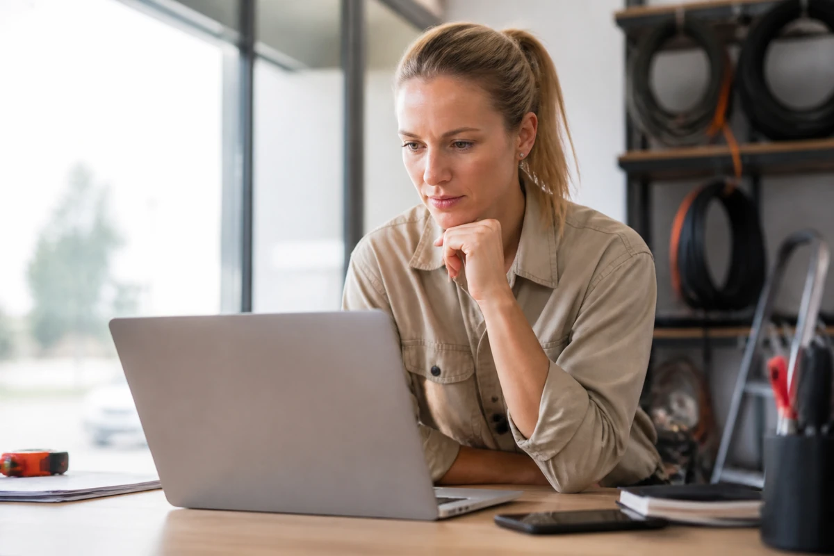 Professional business owner reviewing online visibility and enquiry opportunities for electricians businesses