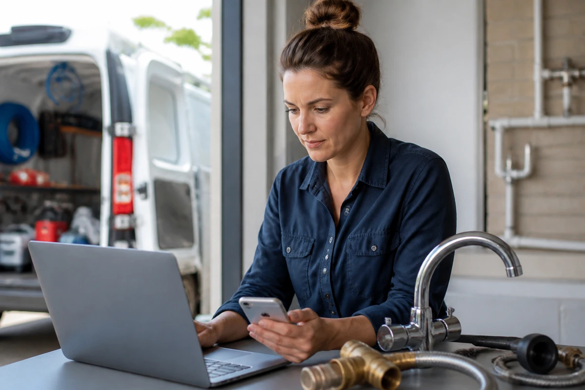 Professional business owner reviewing online visibility and enquiry opportunities for plumbing businesses
