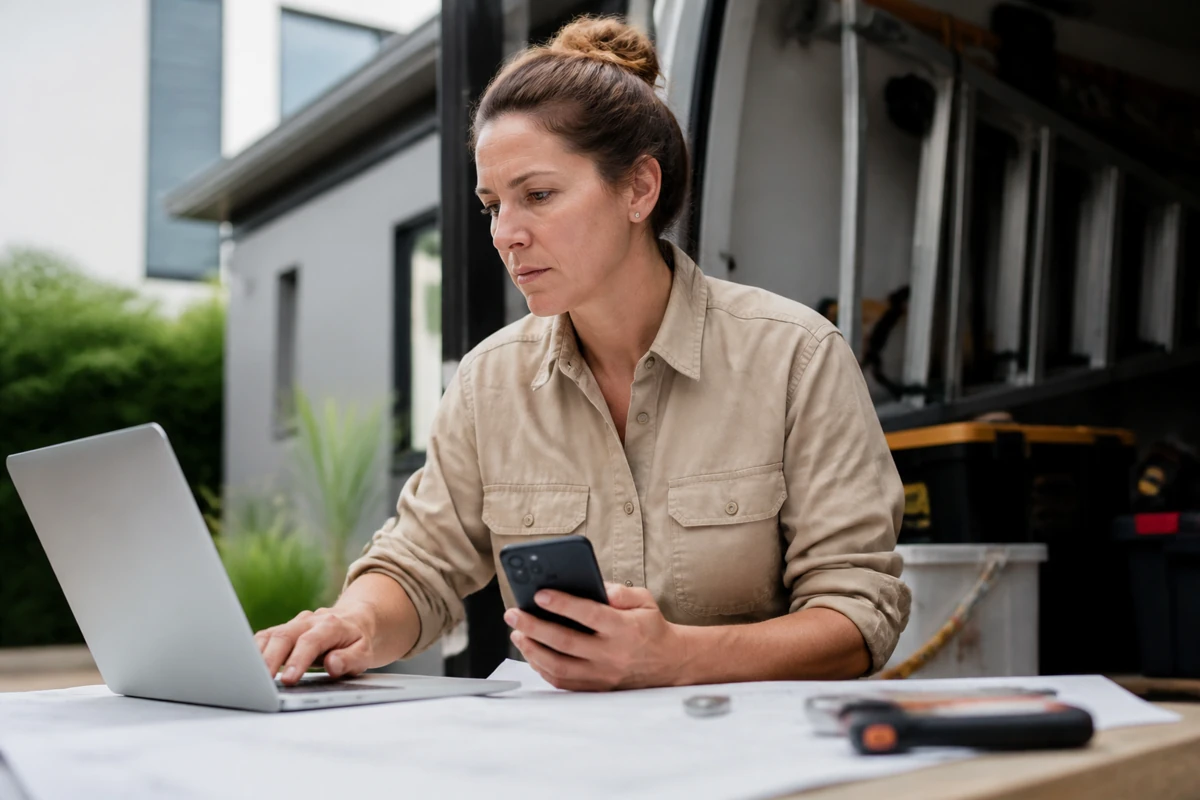 Professional business owner reviewing online visibility and enquiry opportunities for tradies businesses