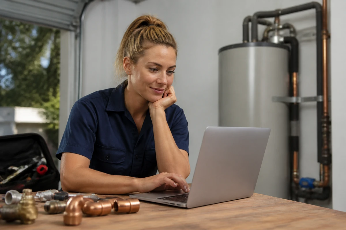 Professional business owner reviewing online visibility and enquiry opportunities for plumbing businesses