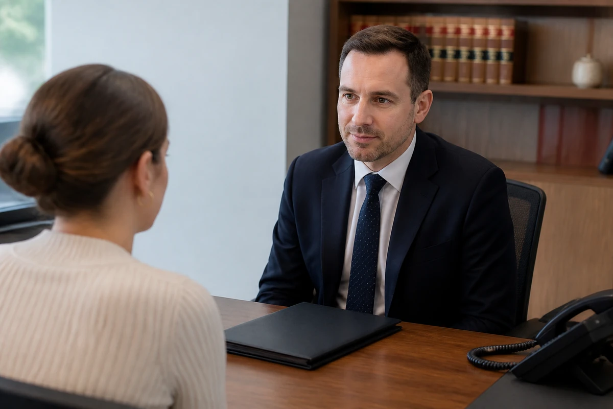 Solicitor discussing a service enquiry in a law firm consultation room