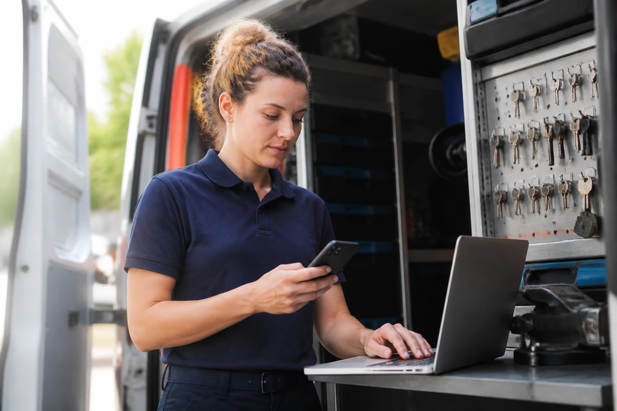 Professional business owner reviewing online visibility and enquiry opportunities for locksmiths businesses