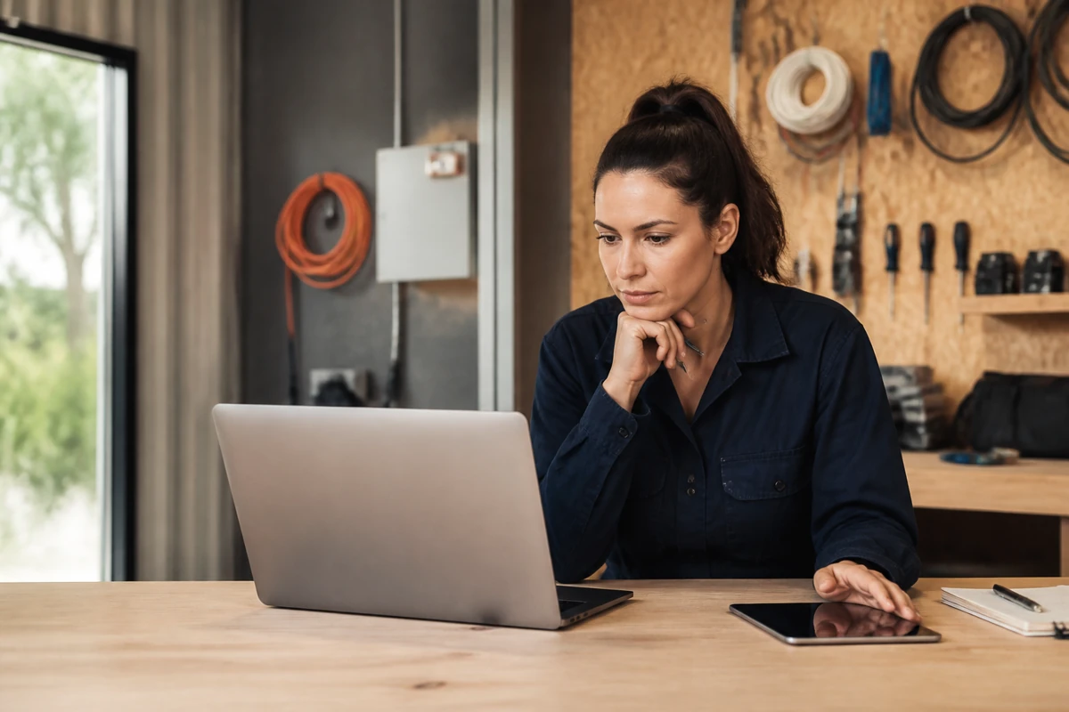 Professional business owner reviewing online visibility and enquiry opportunities for electricians businesses