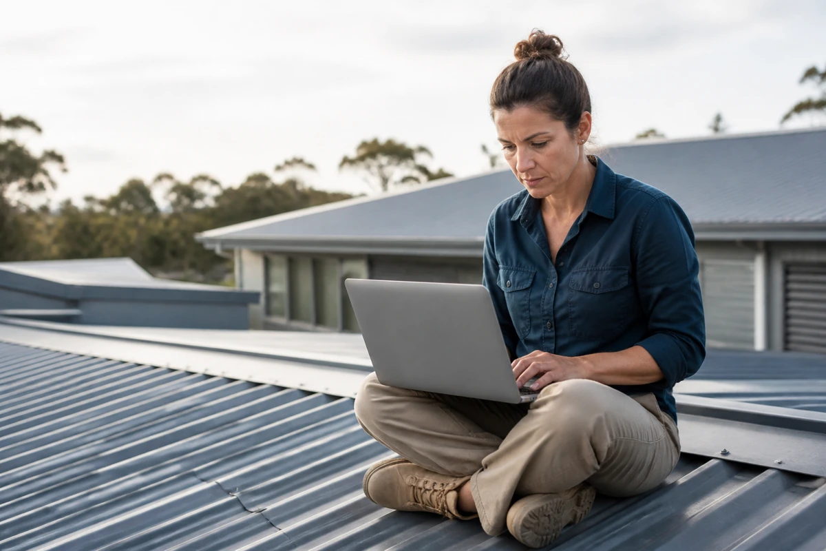 Professional business owner reviewing online visibility and enquiry opportunities for roofing businesses