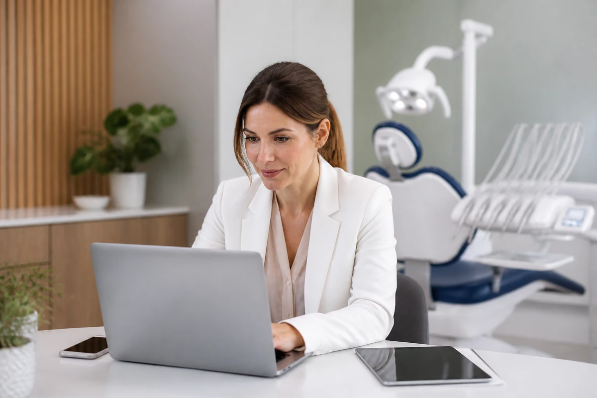 Professional business owner reviewing online visibility and enquiry opportunities for dental businesses