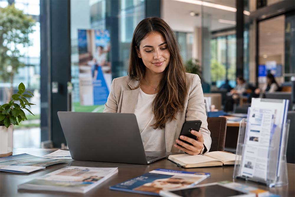 Professional woman using a laptop and phone in a modern education office for education SEO strategy and course enquiries.